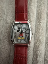 DISNEY PARKS MICKEY MOUSE WATCH RECTANGLE ROMAN NUMERALS, RED LEATHER BAND WORKS