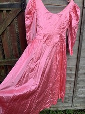 Vintage 80s Pink Satin Prom Dress Cocktail Bridesmaid Costume Puff Sleeves S (pd