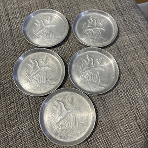Vintage Aluminum Coasters Ducks Set of 5 - Mid Century Metal Retro Barware