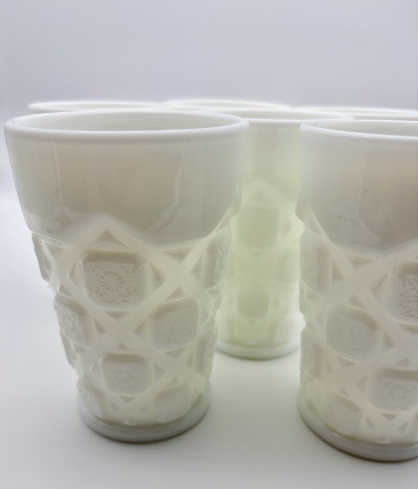 6 vintage Westmoreland Old Quilt Milk Glass 🤍Tumbler Glasses Euc