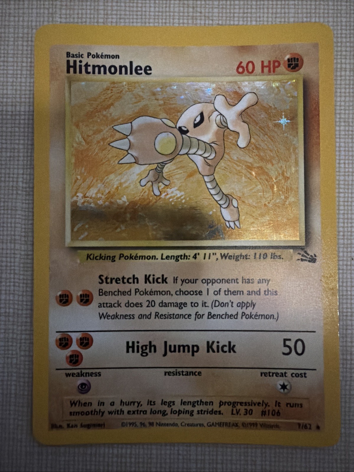 Pokémon TCG Hitmonlee Fossil 7/62 Holo Rare 1999 Wizards Card