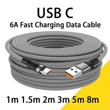 USB A to USB C 6A Fast Charging Cable Braided Cord 1M 2M 3M 5M 8M Black