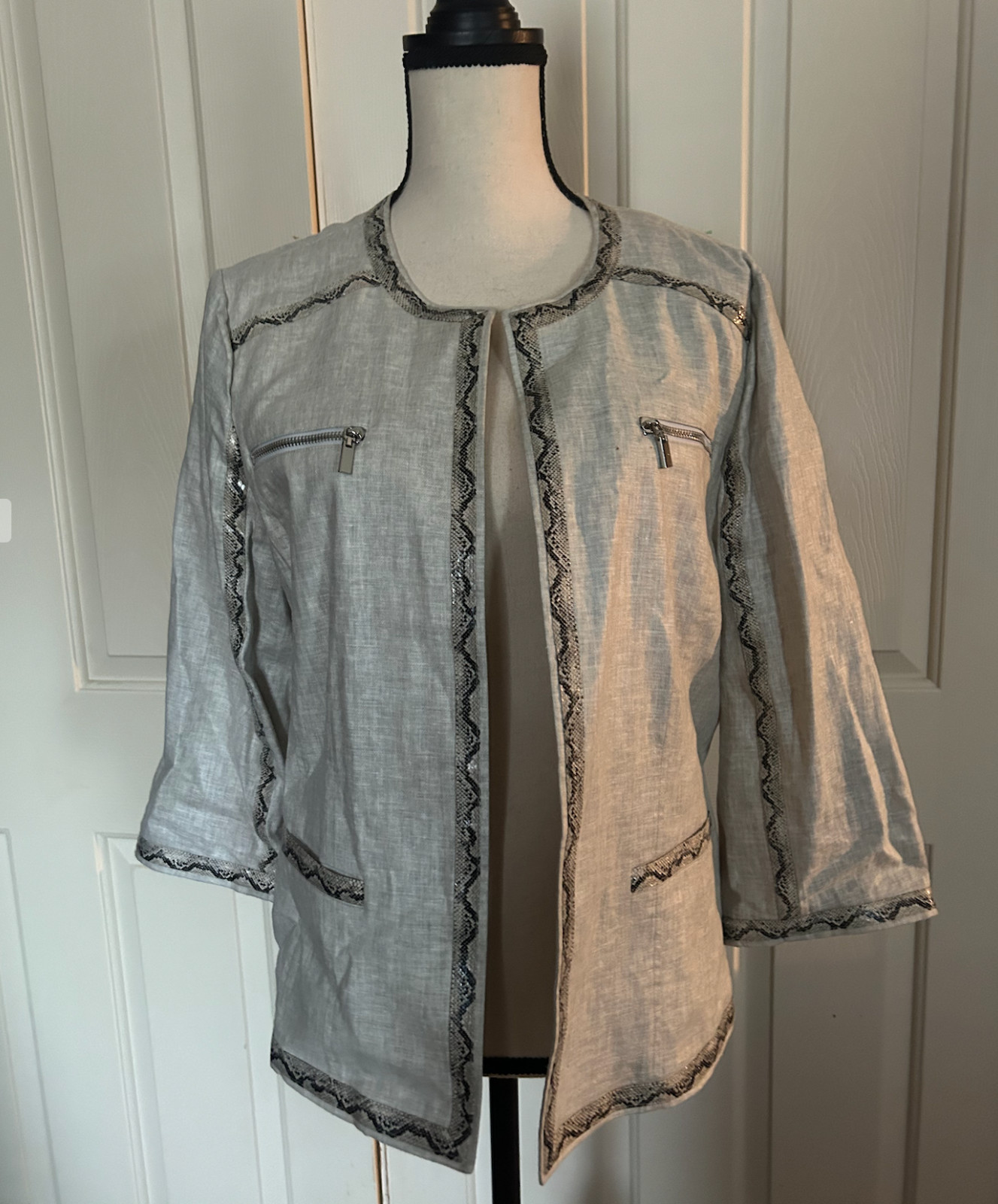 Chico's Gray LInen Jacket with Python Borader Lar… - image 1