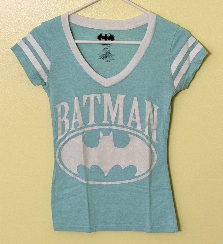 BATMAN Cap Sleeve Junior's T-Shirt V -Neck TEAL AQUA Size 3/5