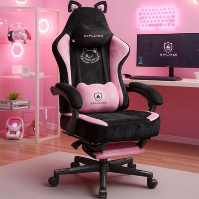 Pink Gaming Chair Cute with Cat Ears Ergonomic Computer Chair with Cat Embroider