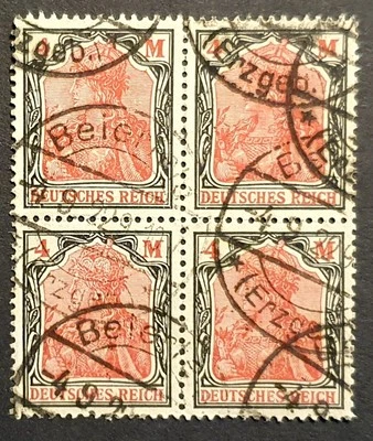 Germany Stamps 1920 Germania 4m Carmine & Black lozenge wmk SG152 4 block Used - Image 1 of 2