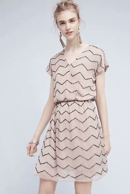 $180 Anthropologie Ranna Gill Beaded Chevron Boho Dress NWT Champagne Size XS
