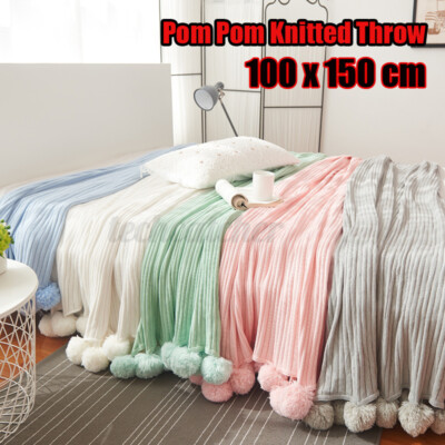 100x150 Cm Cotton Pom Pom Knitted Throw Crochet Blanket Cotton Rug Bed So Ebay