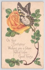 Birthday Wish~Black & White Butterfly On Yellow Rose~Thorns~Karle~1921 Postcard