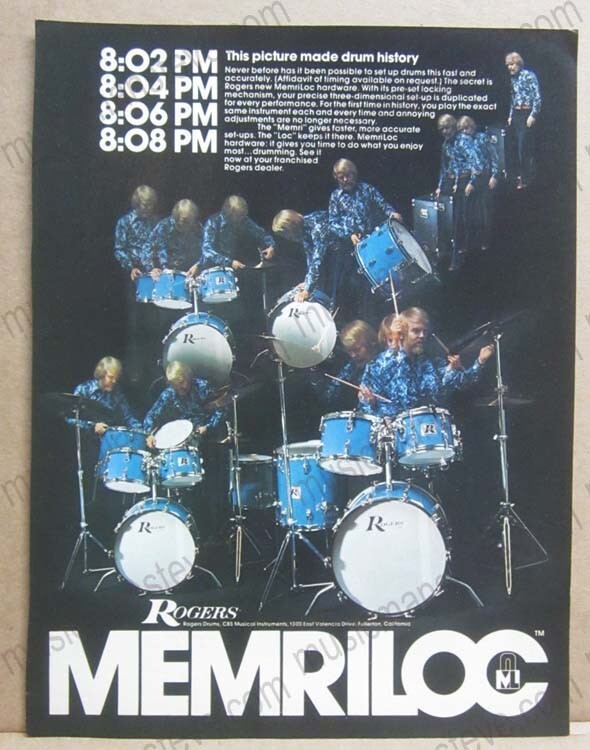 1970s ROGERS DRUM color print ad - MEMRILOC "..possible to set up drums fast.."