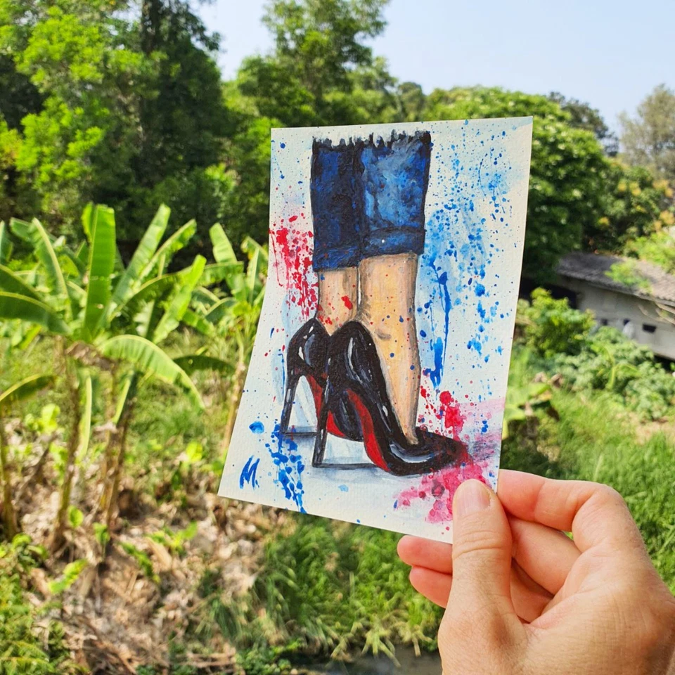 Tacones Altos Pintura Moda Mujer Zapatos Arte Original Denim Moderno Moda Pared Foto 4 de 4