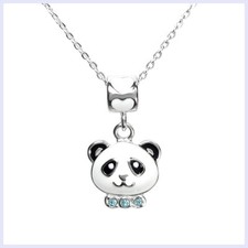 Enamel Blue CZ Panda Bead Charm Pendant STR Silver Chain Necklace 14" to 16"