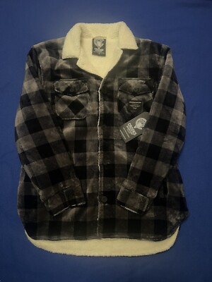 New Crooks and Castles Fleece Plaid Button Up Black Gray White
