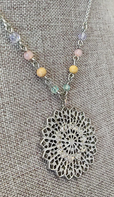 Beautiful AEO American Eagle Outfitters Medallian Pendant Beaded Silver Necklace