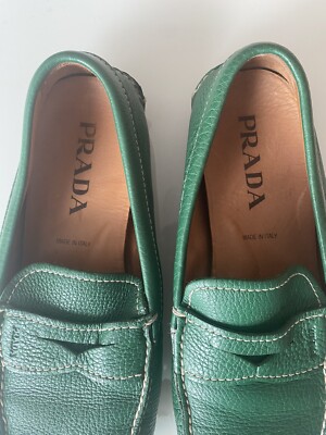 PRADA Men's Moccasins Green Slip on Loafers Pebble Leather Size 7