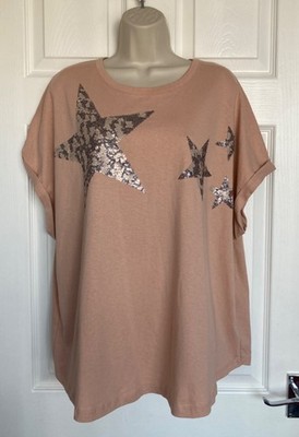 NEU NEXT Damen rosa Glitzer Pailletten Stern reine Baumwolle T-Shirt Größe 20