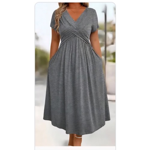 SHEIN Curve Women's Plus Size 3XL Gray Midi Dress V Neck Short Sleeve Pockets