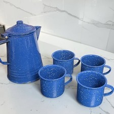 Blue / White Speckled Enamel Coffee Pot / Mug Set, Camping/ Farmhouse