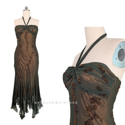 Vintage Scala Prom Dress Maxi Gown PL Green Silk Fairy Garden Fantasy Bead Y2K