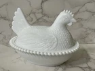VTG Hen on Nest Milk Glass White 2 Piece Covered Dish w/ Lid Oval