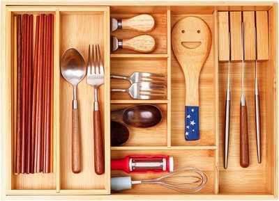 Double layer Bamboo Kitchen Drawer Organizer,Kitchen Utensil Silverware Drawer 
