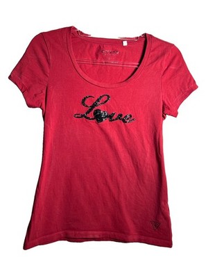 GUESS Los Angeles Women s Short Sleeve T-Shirt MEDIUM Red Black Sequins Love