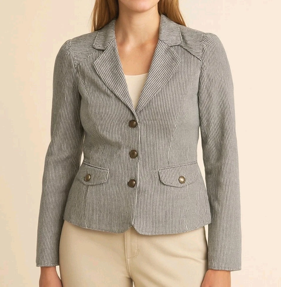 Cynthia Steffe Blue White Pinstripe Striped 100% Cotton Blazer Jacket Size 8