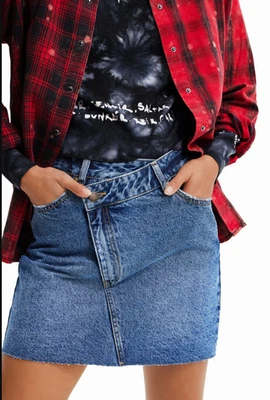 Desigual Damen Rock Denim Blau Kreuz-Taille Kurz Schnitt Gr. XL 22WWFD02 - Bild 1 von 4