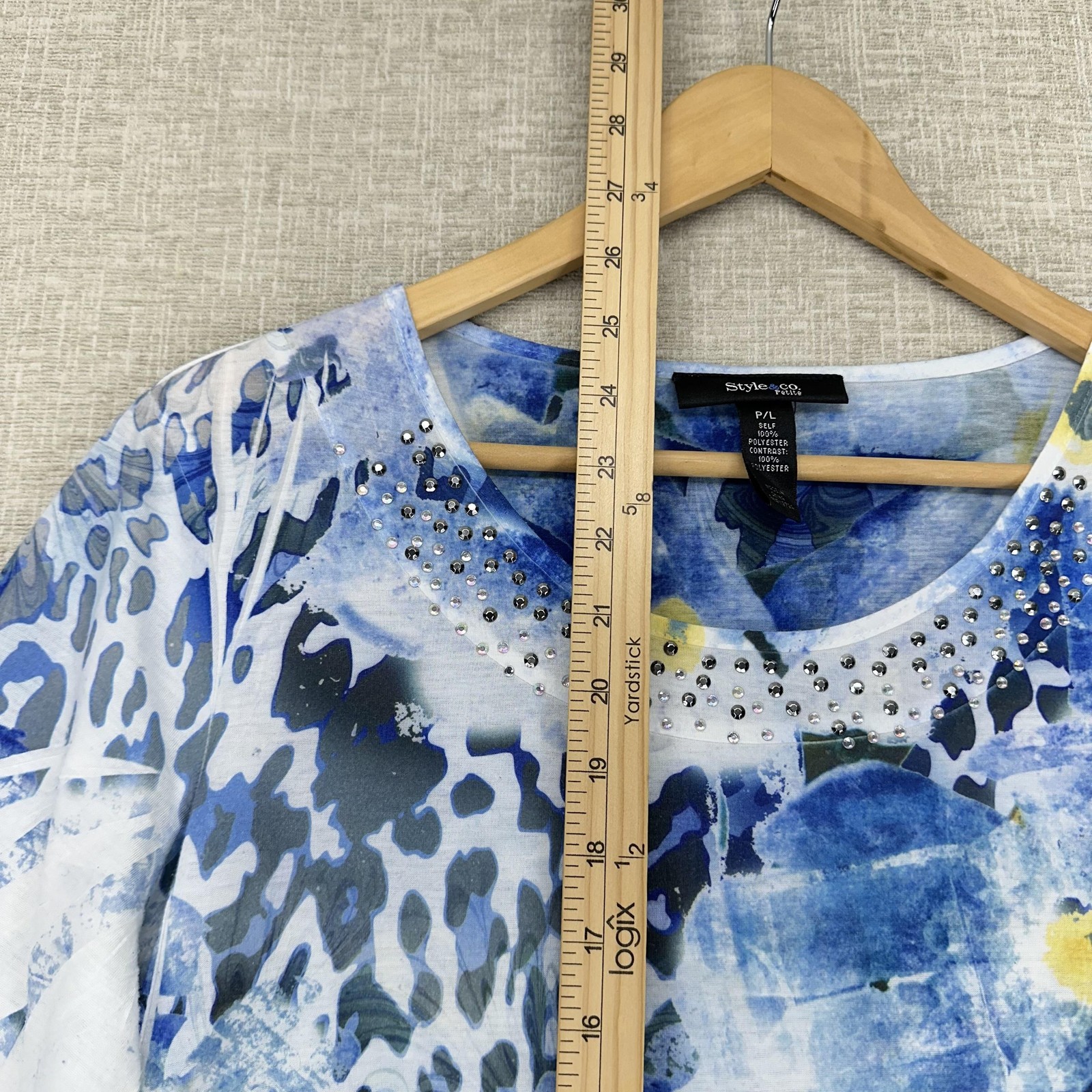 Style & Co Shirt Womens Petite Large Blue Floral High Low 3/4 Sleeve Embellished