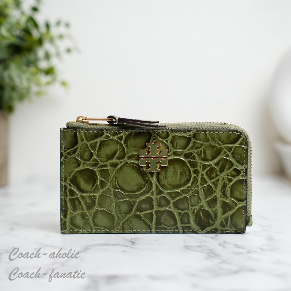 Tory Burch Britten Embossed Croc Leather Zip Card Case in Soft Ivy