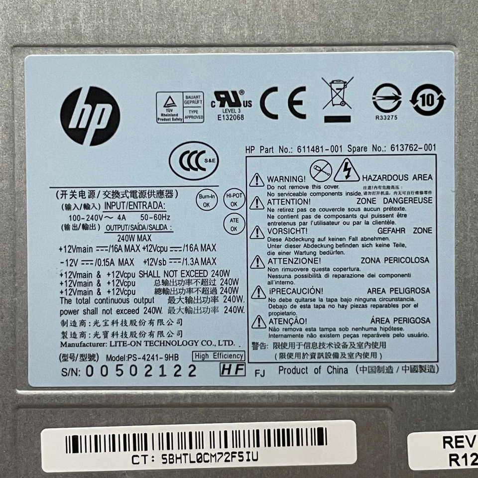 HP Compaq 6000 8000 Z200 SSF Series 240W Power Supply PS-4241-9HB 611481-001 - Image 2 of 4