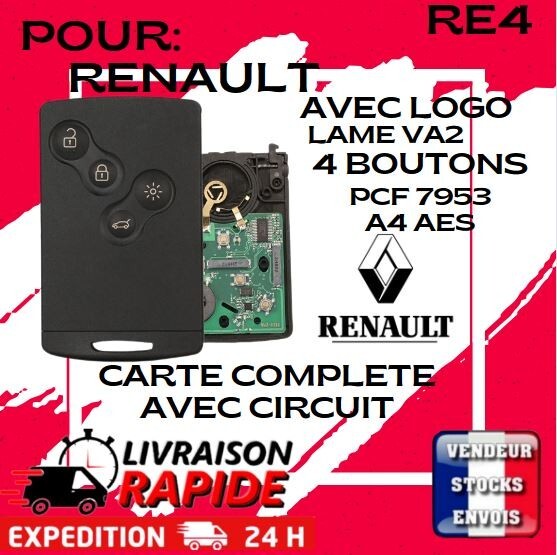Carte Renault mains libres Clio 4 et Captur puce PCF7953 433Mhz