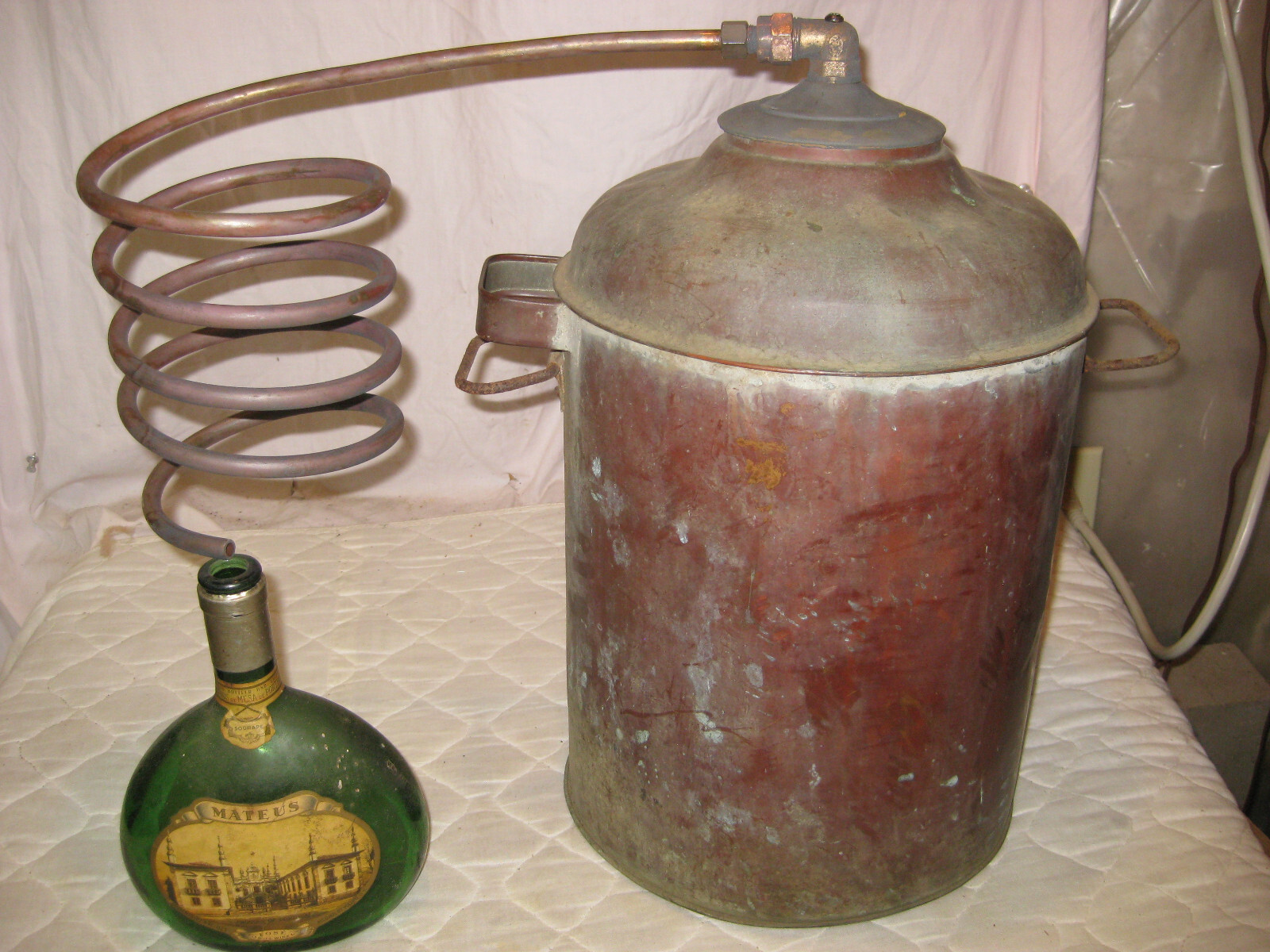 Antique 4-5 Gal Copper Moonshine Still w/Coil +OLD MATEUS Bottle-A MAN CAVE MUST
