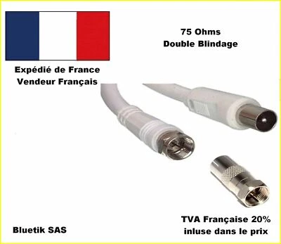 5m Câble coaxial/antenne/satellite Connecteur F Male - Coax mâle + adaptateur - Photo 1/4