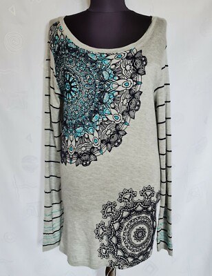 AUTHENTIC DESIGUAL LOGO EMBROIDERY GEOMETRIC WOMENS BLOUSE TUNIC SIZE US 6 EU 34
