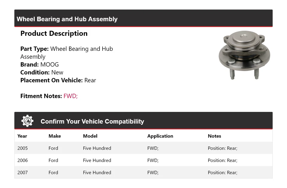 Conjunto de cojinete de rueda y buje trasero MOOG para Ford Five Hundred 2005-2007 tracción delantera Foto 2 de 4