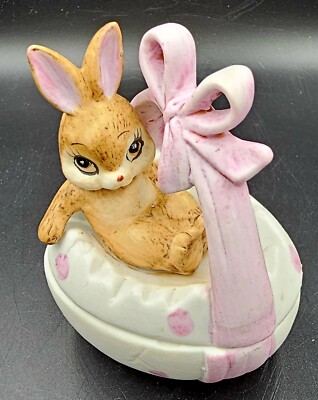 Lefton Rabbit on Egg Trinket Ring Box Pink Bunny Figurine Vintage Marked 3.75'' H
