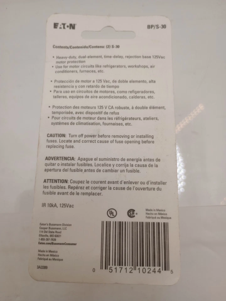 Fusible de enchufe de retardo de tiempo Bussmann 30A S (uno paquete de 2) BP/S-30 nuevo Foto 2 de 4