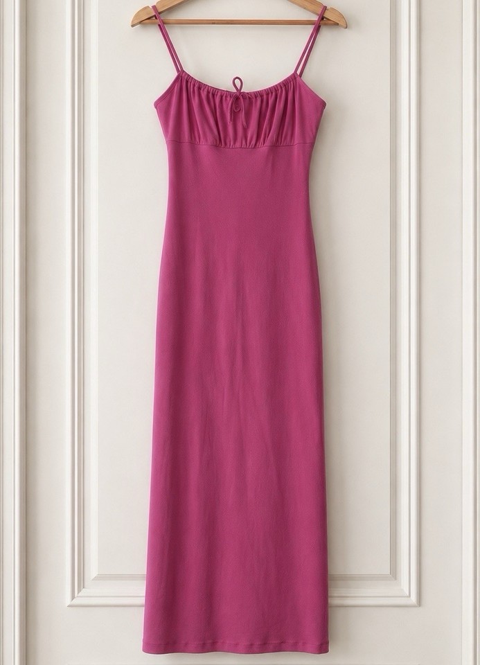 DOTTI Pink Scoop Neck Spaghetti Strap Gathered Maxi Slip Dress 10