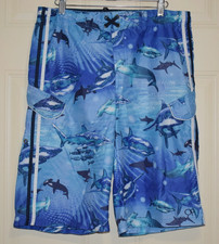 Op Swimwear Shorts Sharks Print Brief-Lined BOYS XL 14-16 Blue Aqua