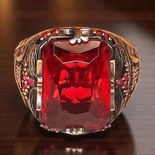 Hand-made Turkish Men's Simulated Ruby .925 Silver Brass Ring Size 10.5