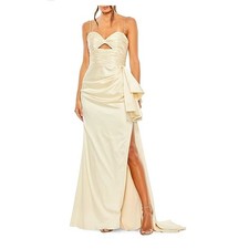 Mac Duggal Gown Dress Womens 4 Beige Gold Ruched Lined Back Zip Spaghetti Strap