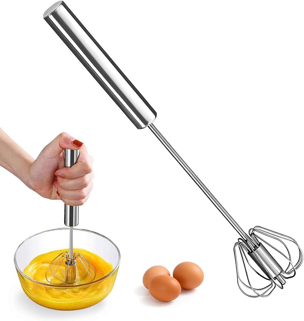 AEX Premium Semi-Automatic Egg Whisk Stainless Steel Push Action Hand Whisk Man