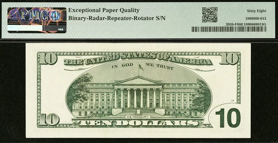 2003 $10 FRN PMG 68EPQ Top Pop 1/0 -Binary Radar Repeater Serial Number 10011001 - Image 4 of 4