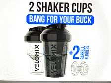VELOMIX-2 Pack-20 oz Protein Shaker Bottles with Barbell Blenders. Black & Clear