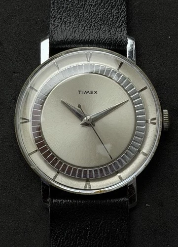 Vtg 1985 TIMEX Aluminum Men’s 36mm Mechanical Wind Up Watch Silver Black Leather
