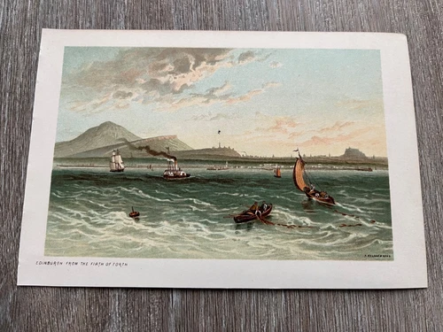 1892 small scottish chromolithograph view " edinburgh from the firth of forth "