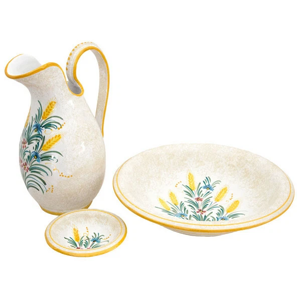 Set in ceramica bianca con fiori e farfalle con struttura in ferro battuto