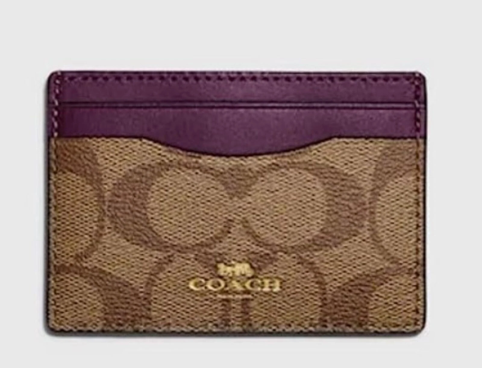 COACH Porta Carte Uomo 4 Firmato Tela in Pelle Cachi e Boysenberry Slim