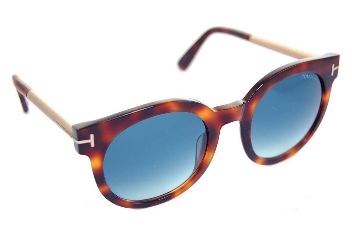 TOM FORD JANINA TF435 52P Women Round Cat Eye Sunglasses BROWN HAVANA BLUE  GOLD | eBay